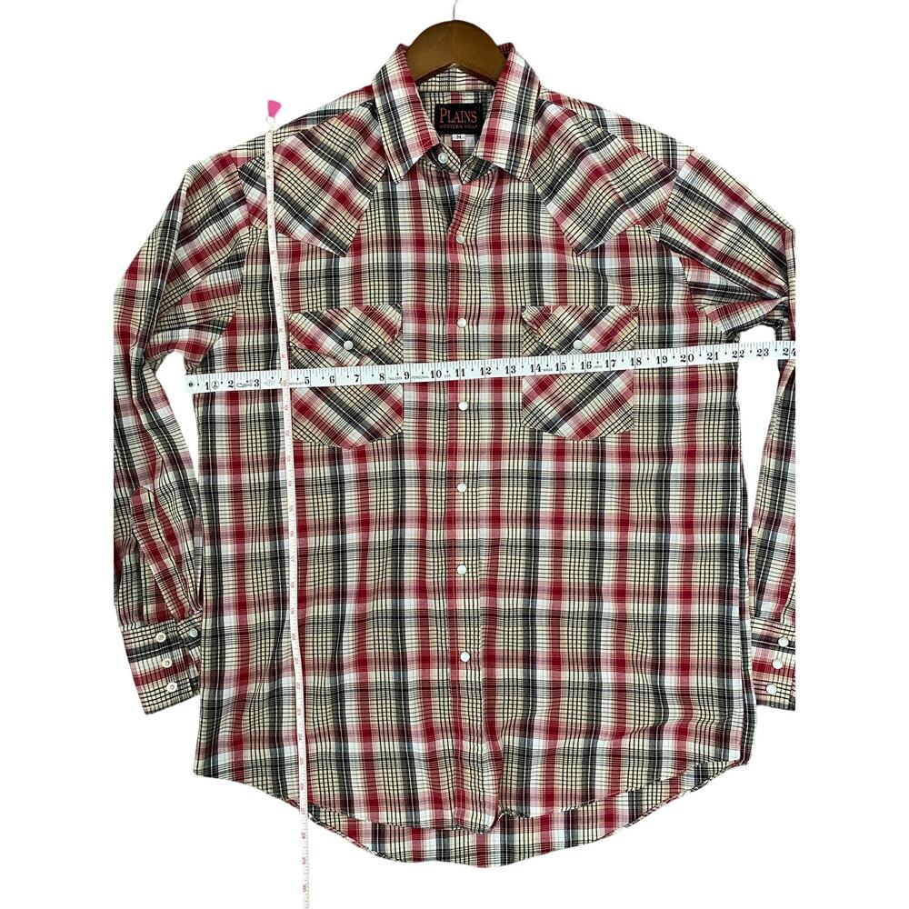Plains Western Wear Mens Shirt M Long Sleeve Pearl Snap Red Plaid - Picture 4 of 5